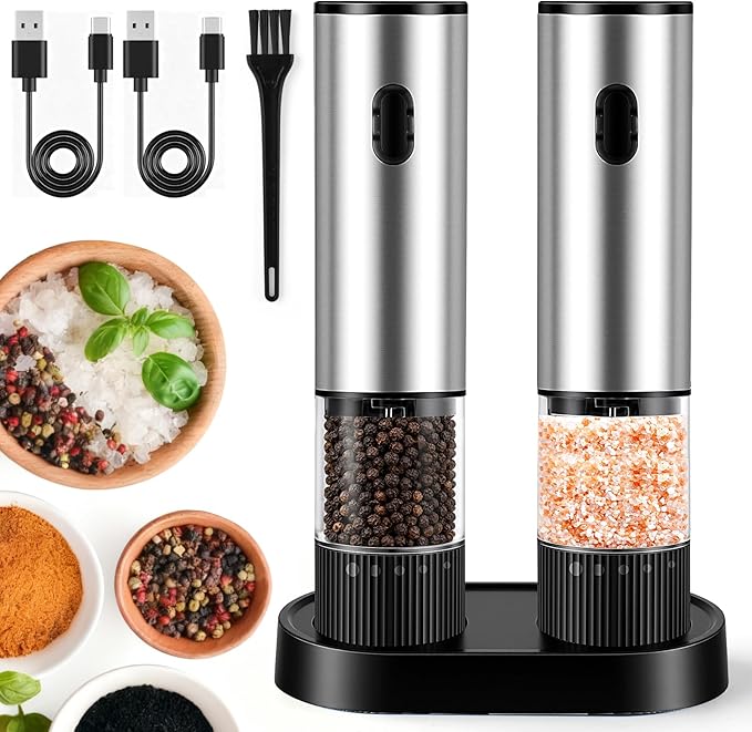 2 Pack Electric Salt and Pepper Grinder Set, Salt and Pepper Shakers with LED Light, USB C Dual Charging Base, Adjustable Coarseness, One-Hand Operation, Large Capacity for Kitchen, Dining & BBQ