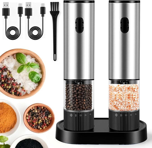2 Pack Electric Salt and Pepper Grinder Set, Salt and Pepper Shakers with LED Light, USB C Dual Charging Base, Adjustable Coarseness, One-Hand Operation, Large Capacity for Kitchen, Dining & BBQ