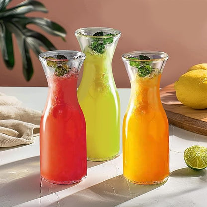 Glass Carafe with Bamboo Lid, Round 35 Oz Beverage Dispensers Carafe, Mimosa Bar Supplies, Clear Glass Pitcher with Name Labels for Iced Tea, Coffee, Juice(Set of 2)