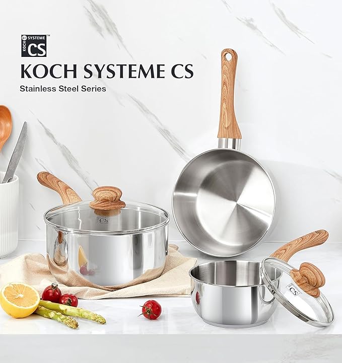 KOCH SYSTEME CS Stainless Steel Saucepan, 1 Quart Saucepan with Lid & Heat-resistant Bakelite Handle, Tri-ply Bottom Steel Sauce Pan with Lid, Induction Ready, Stainless Steel Pot 1QT - Image 6