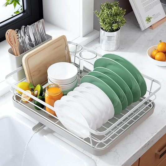 Kitsure Dish Drying Rack for Kitchen Counter, Stainless Steel Sink Organization and Storage Essentials with Cutlery Holder, Home and Appartment Decor, 12''W x 15.5''L, Light Grey by Kitsure