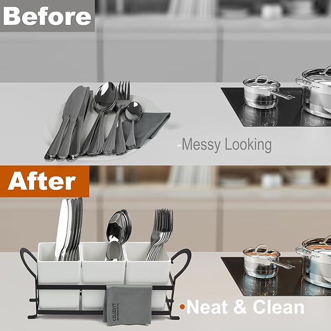 Czlizdyt Cutlery Holder with Drain Holes, Silverware Caddy for Party Countertop, 3pcs Bins Set Utensil Holders for Spoon and Fork, White - Image 6