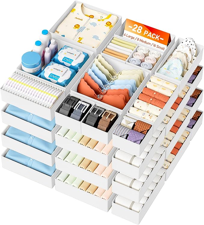 DIMJ Drawer Organizer Clothes 28 Pack - Foldable Baby Organizers and Storage & Closet Organizers for Bedroom, Closet - Nursery Organization Dresser Dividers for underwear, Sock,Bra, Belt, Tie,White by DiMJ