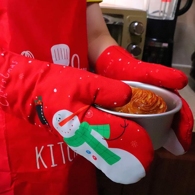 Oven Mitts and Potholders BBQ Gloves-Oven Mitts and Pot Holders with Recycled Infill Silicone Non-Slip Cooking Gloves for Cooking Baking Grilling (4-Piece Set) (Red Christmas Snow) - Image 3