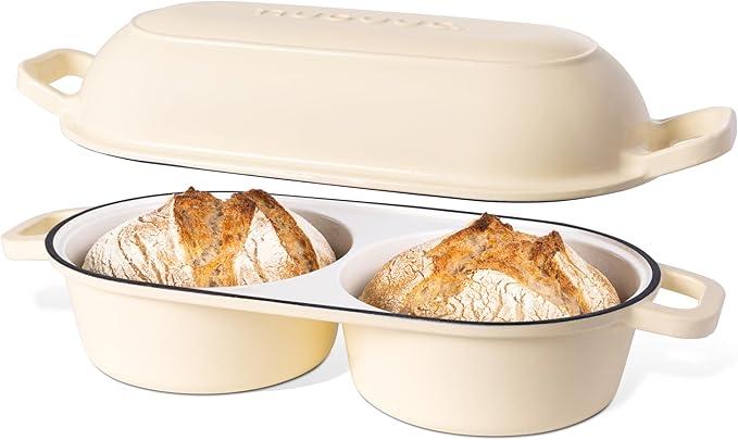 Dutch Oven For Sourdough Bread Baking – Enamelled Cast Iron Bread Loaf Pot – 500°F Oven Safe Non Stick Bread Pot – Double Round Loaf Space, 16.5cm Diameter, Cream, – by Nuovva by Nuovva