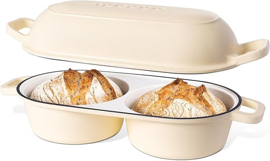 Dutch Oven For Sourdough Bread Baking – Enamelled Cast Iron Bread Loaf Pot – 500°F Oven Safe Non Stick Bread Pot – Double Round Loaf Space, 16.5cm Diameter, Cream, – by Nuovva by Nuovva