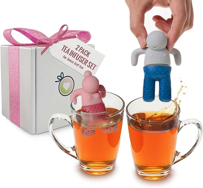 Cute Tea Infuser Set for Loose-Leaf Tea - Funny Silicone Tea Strainer Couple in Pink and Blue/Grey, Small Gift for Tea Lovers and Couples, Tea Steeper Set of 2