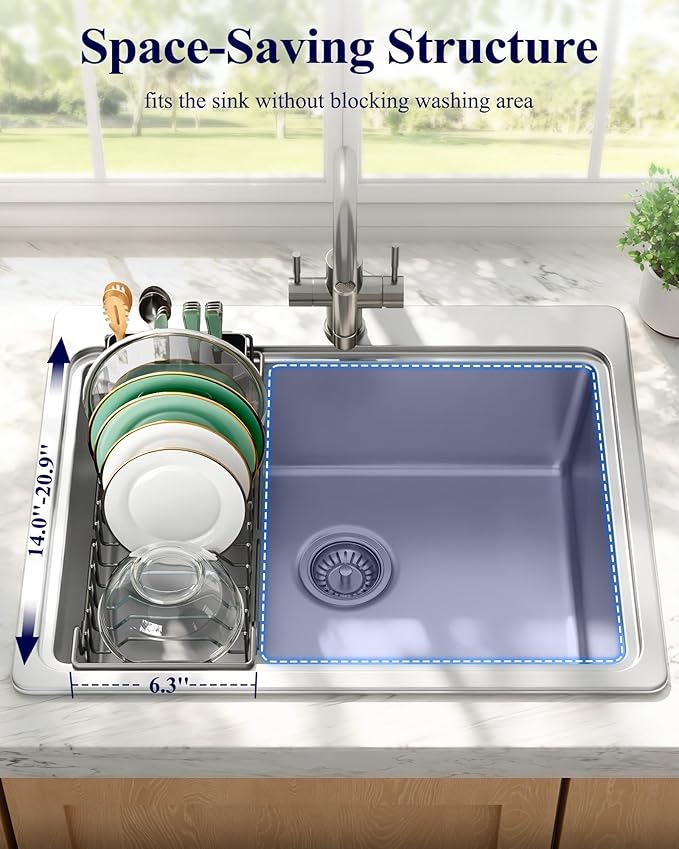 Kitsure Dish Drying Rack - Expandable Dish Rack for Kitchen Counter, Over Sink Or in Sink, Space-Saving Plates Dryer with Cutlery Holder & Drip Tray, 14.0"-20.9" L x 6.3" W x 8.0" H, Black - Image 3