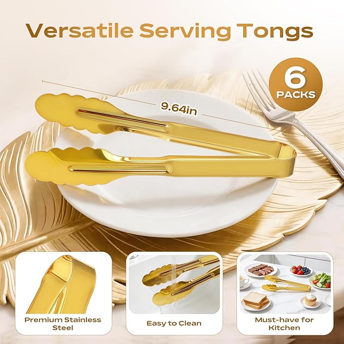 6 Pack Stainless Steel Serving Tongs, 9 Inch Gold Salad Tongs Serving Utensils Buffet Tongs Gold Plated Heavy Duty Reusable Metal Kitchen Clips for Salad, Snack, Barbecue, Catering, Wedding, Party - Image 2
