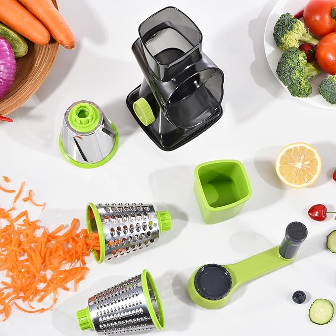 Rotary Cheese Grater with Handle Kitchen Shredder Slicer Grater Slicer Ice Shaver Cheese Vegetable Nuts Potato Zucchini Chocolate 3 Interchangeable Blades (Green TSP) - Image 8
