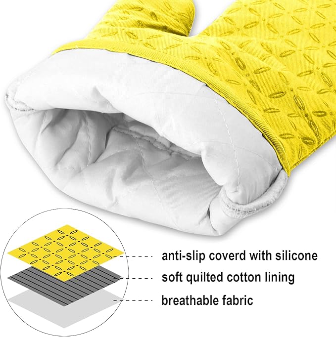 KEGOUU Oven Mitts and Pot Holders 6pcs Set, Kitchen Oven Glove High Heat Resistant 500 Degree Extra Long Oven Mitts and Potholder with Non-Slip Silicone Surface for Cooking (Yellow) - Image 3