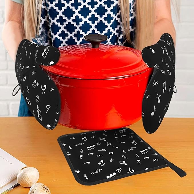 Music Notes Oven Mitts and Pot Holders Sets of 3 Black Hot Pads Musicial Oven Gloves Heat Resistant Non Slip Washable for Kitchen Cooking Grilling Baking - Image 7