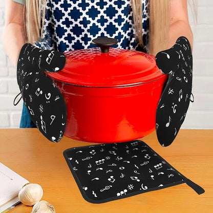 Music Notes Oven Mitts and Pot Holders Sets of 3 Black Hot Pads Musicial Oven Gloves Heat Resistant Non Slip Washable for Kitchen Cooking Grilling Baking - Image 7