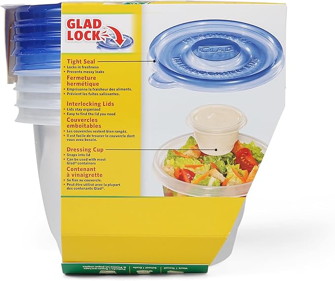 Glad GladWare To Go Lunch Food Storage Containers with Lids, Medium Round BPA Free Plastic with Built-In Dressing Cup for Salads and Lunches, Microwave Dishwasher Safe, 32 Oz, 4 Count - Image 6