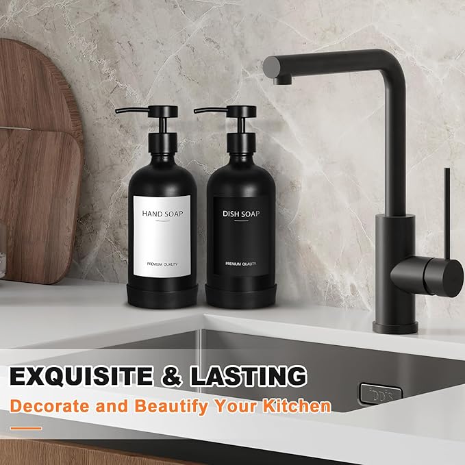 Black Glass Soap Dispenser with Stainless Steel Pump, 16.9 Fl oz Soap Dispenser Set for Kitchen, Matte Black Hand Dish Soap Dispensers for Kitchen and Bathroom, Lotion Dispenser Bathroom Decor - Image 6