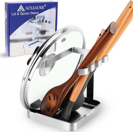 SOLEADER Pot Lid Holder While Cooking, 2 in 1 Stainless Steel Upright Spoon Rest with Drip Tray, Space Saving Kitchen Utensil Organizer for Stove Top Countertop, Lid Rack for Pots and Pans