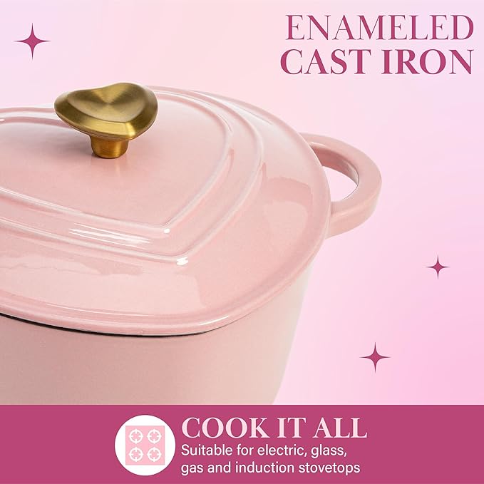 Paris Hilton Enameled Cast Iron Dutch Oven Heart-Shaped Pot with Lid, Dual Handles, Works on All Stovetops, Oven Safe to 500°F, 2-Quart, Pink - Image 4