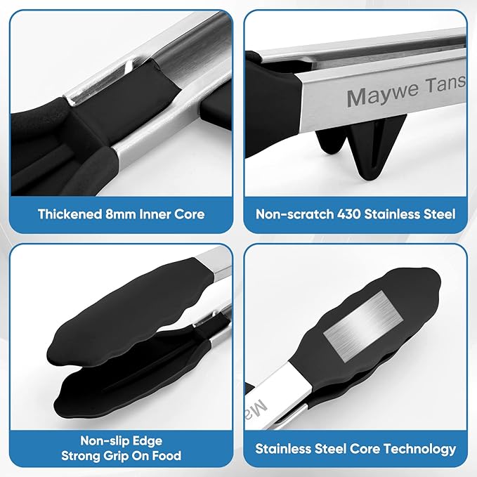 5-Pack Silicone Tongs for Cooking,Maywe Tanso 4PCS 13-Inch Kitchen Tongs with Silicone Tips,Nonstick Stainless Steel Tong for Steak Pie Pizza Pasta Spaghetti Salad BBQ Buffet,Plus Brush - Image 7