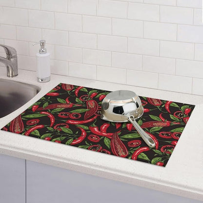 Red Chili Peppers Dish Drying Mat Vegetable Pepper Black Rustic Green Leaf Drying Rack Pad Countertop Dishes Ultra Absorbent Microfiber Kitchen Counter Mat 18x24 Inch