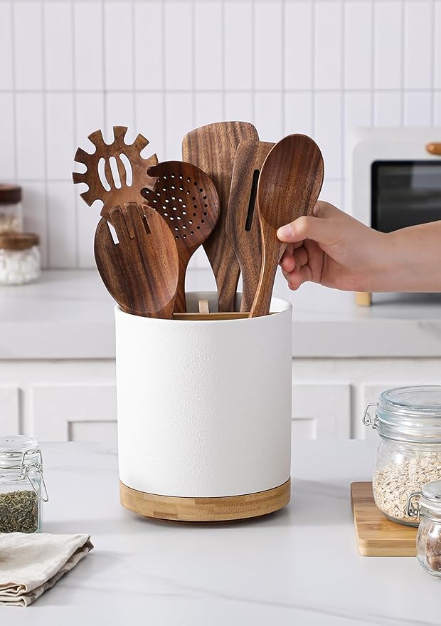 LoeJan 3 Compartment Utensil Holder, Extra Large Utensil Crock, Stable Ceramic Utensil Organizer, Cooking Tool Organizer Set for Kitchen Counter Farmhouse Decor, Textured White - Image 6