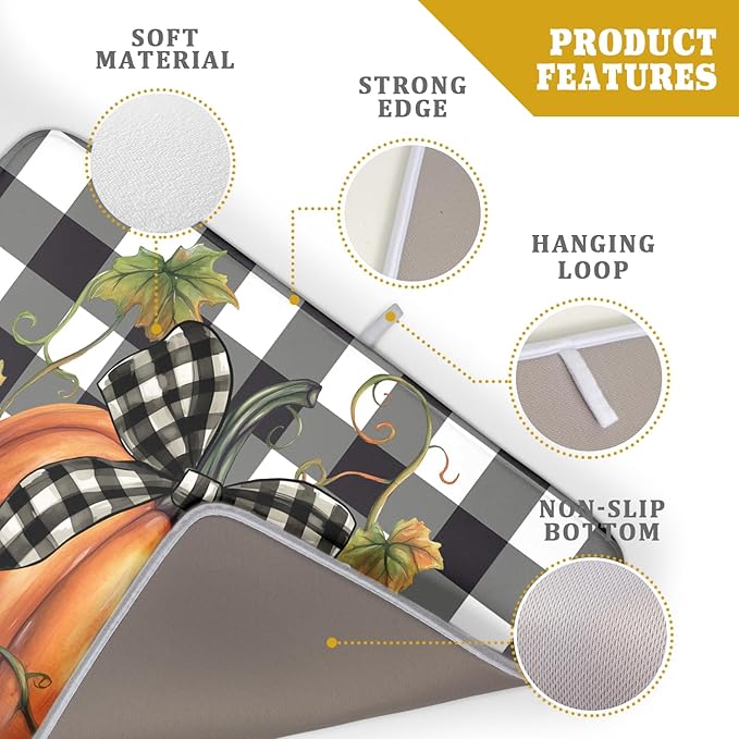 Fall Drying Mats for Kitchen Counter Fall Pumpkin Dish Drying Mat 18 x 24 Inch Autumn Black White Buffalo Check Dish Rack Mat Drainer Pad Thanksgiving Absorbent Microfiber Table Mat for Coffee Bar