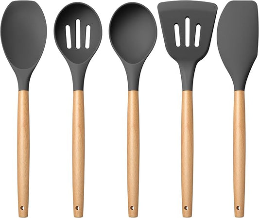E-far Silicone Cooking Utensils Set, 5-Piece Kitchen Utensils Set with Wooden Handle for Cooking, Silicone Kitchen Nonstick Tools Spatula Turner Slotted Spoons, Nontoxic & Heat Resistant-Gray by E-far