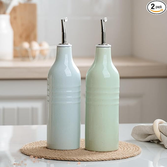 famiware Jupiter 16oz Ceramic Olive Oil Dispenser Bottle, Olive Oil and Vinegar Dispenser Bottle Set of 2 with Stainless Steel Pourers, Suitable for Storage Vinegar, Liquids, Light Blue & Light Green