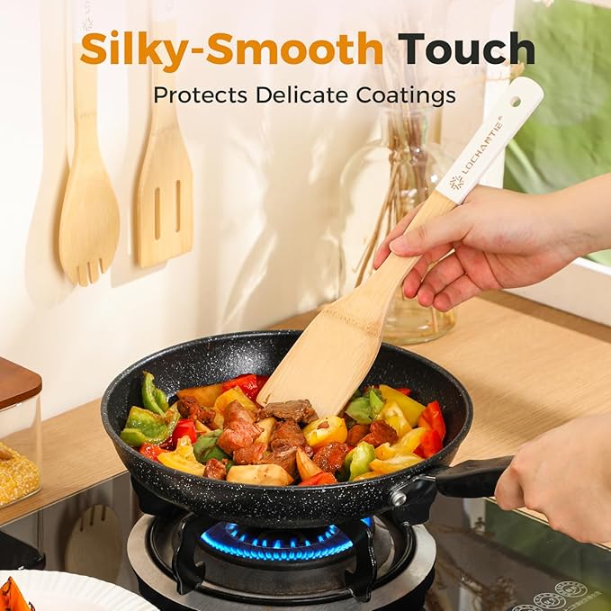 Wooden Spoons for Cooking Bamboo Utensils Set (6 Pieces) - Essential Tools Wooden Spatula & Spoons for Everyday Stirring, Mixing, Flipping & Serving, Gentle on Nonstick Cookware, White - Image 3