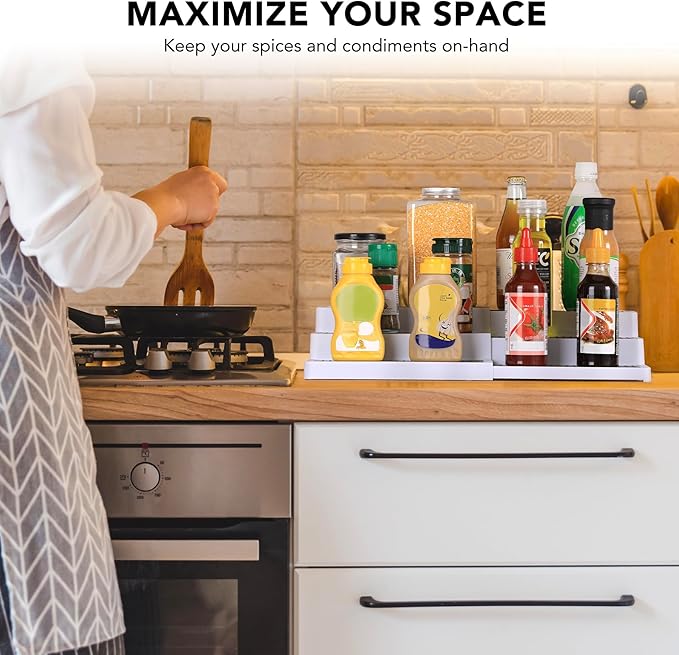 CiWiVOKi 3-Tier Expandable Spice Rack, Plastic Spice Rack Organizer for Cabinet, Adjustable Length, Non-Skid Spice Shelf Organizer for Kitchen Cabinet, Countertop or Pantry, 2 Pack, White/Grey - Image 4