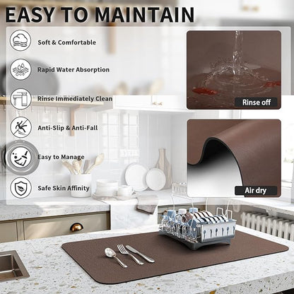 HotLive Dish Drying Mat for Kitchen Counter, Heat Resistant Drainer Mats with Non-slip Rubber Backed, Hide Stain Kitchen Super Absorbent Draining Mat, Easy to Clean Dish Rack Pad, Brown 18"x32" - Image 4