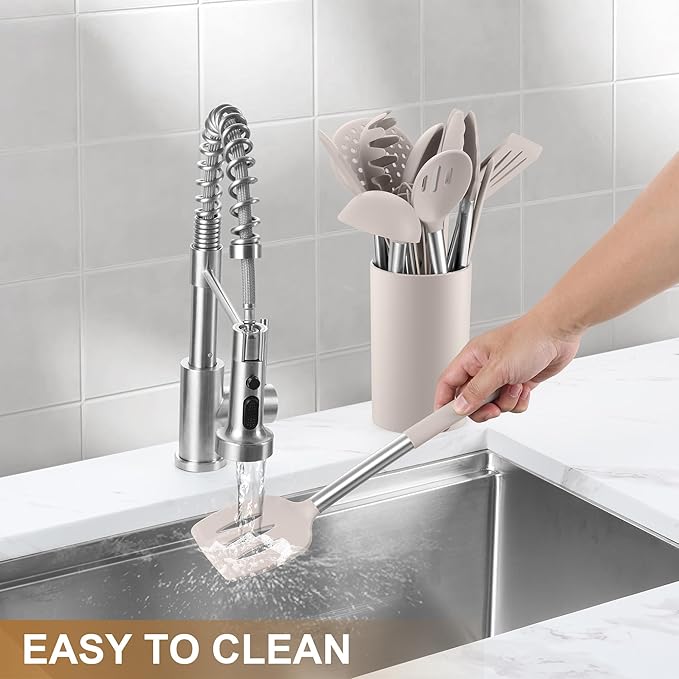 LIANYU 15 Pcs Kitchen Cooking Utensils Set with Holder, Silicone Kitchen Tools with Stainless Steel Handle, Heat Resistant Gadgets, Brush Spatula Spoon Whisk for Cookware, Dishwasher Safe, Khaki - Image 9