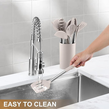 LIANYU 15 Pcs Kitchen Cooking Utensils Set with Holder, Silicone Kitchen Tools with Stainless Steel Handle, Heat Resistant Gadgets, Brush Spatula Spoon Whisk for Cookware, Dishwasher Safe, Khaki - Image 9