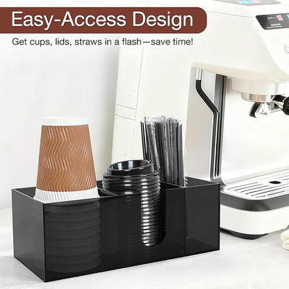 Acrylic Coffee Cup Holder for Countertop, 3 Slots Acrylic Coffee Bar Accessories and Organizer Anti Slip Waterproof, Clear Coffee Station Organizer for Cup Lid Straw,Transparent Black