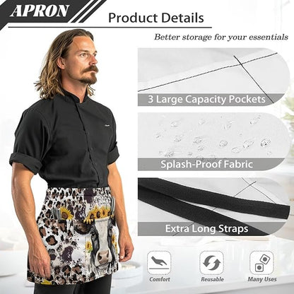 Server Apron with 3 Pockets, Waterproof Oil Waitress Waiter Half Apron for Restaurant Hotel Kitchen Cafe