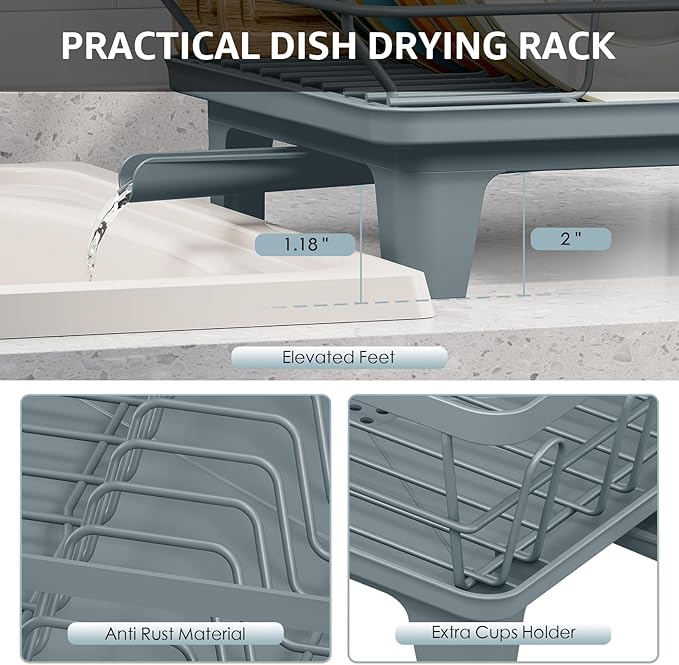 Urackify Dish Drying Rack for Kitchen Counter, Sink Dish Rack with Drainboard, Large Dish Drainer with Cups Holder, Home Countertop Plate Dryer Storage Rack with Cutlery Holder, Blue - Image 8