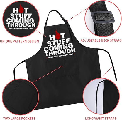 Rosoz Funny BBQ Black Chef Aprons for Men, Hot Stuff Coming Through, Adjustable Kitchen Cooking Aprons with Pocket Waterproof Oil Proof Valentine's Day/Birthday