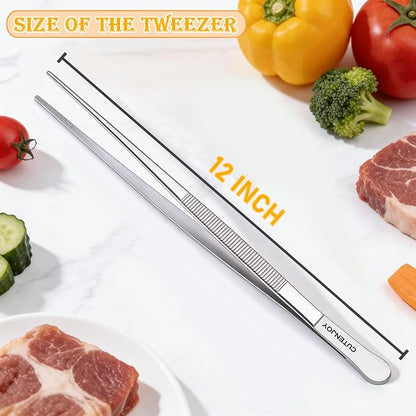12-Inch Kitchen Tweezers, 18/8 Stainless Steel Metal Fine Tweezers Tongs, Professional Cooking Long Tweezers for Cooking, Chef, Serving Food, Grill, BBQ