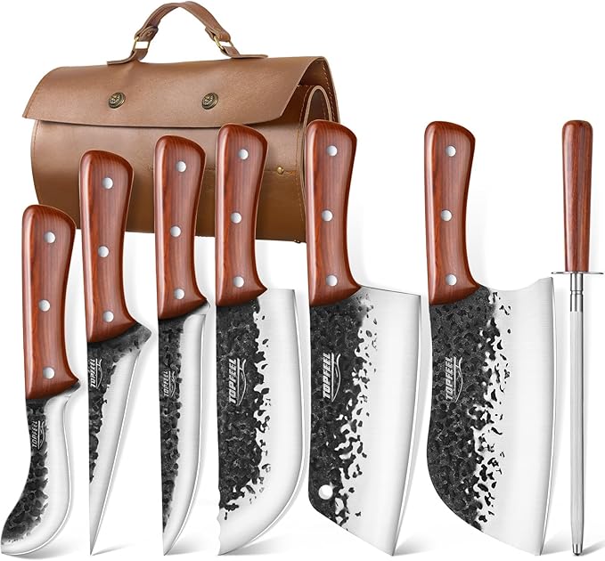 Topfeel 8PCS Chef Butcher Fish Knife Set for Meat Cutting with Roll Bag, Hand Forged Meat Cleaver Knife Boning Carving Knife Set for Home、Camping、BBQ by Topfeel