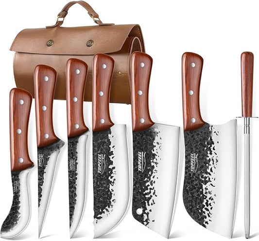 Topfeel 8PCS Chef Butcher Fish Knife Set for Meat Cutting with Roll Bag, Hand Forged Meat Cleaver Knife Boning Carving Knife Set for Home、Camping、BBQ by Topfeel