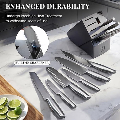 KnifeSaga Knife Set, 14 Pcs Premium Japanese High Carbon Stainless Steel Kitchen Knife Set, Razor Sharp Knife Block Set with Built-in Sharpener, Quality Acacia Wood Block Knife Sets Ergonomic Handle - Image 4