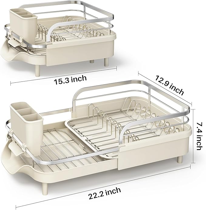 SAYZH Dish Drying Rack - Expandable Dish Rack for Kitchen Counter, Rust-Resistant Dish Drainer with Utensil Holder and Raised Guardrail, Kitchen Organizer for Cup and Bottle (Beige) - Image 8