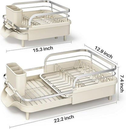 SAYZH Dish Drying Rack - Expandable Dish Rack for Kitchen Counter, Rust-Resistant Dish Drainer with Utensil Holder and Raised Guardrail, Kitchen Organizer for Cup and Bottle (Beige) - Image 8