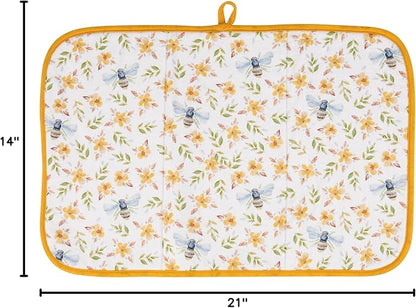 Primitives by Kathy Decorative Kitchen Drying Mat, Full Color Design, ultra-absorbent vibrant pattern/bees/flowers hand painted unique watercolor style dish mat pad kitchen accessory/spring home decor