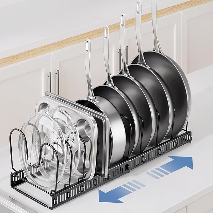 ORDORA Pots and Pans Organizer under Cabinet with Pot Lid Organizer, Expandable Rack for Pan and Pot Organizers Inside Cabinet, 12"-23" Adjustable with 10 Dividers for Kitchen Organization, Black - Image 2