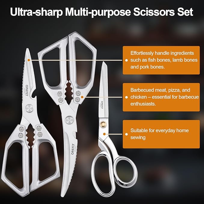 3PCS Heavy Duty Kitchen Scissors Set All Purpose - Stainless Steel Scissors Meat Scissors Dishwasher Safe Japanese Cooking Scissor for Food Paired with household tailor shears Gifts for Men Women - Image 3