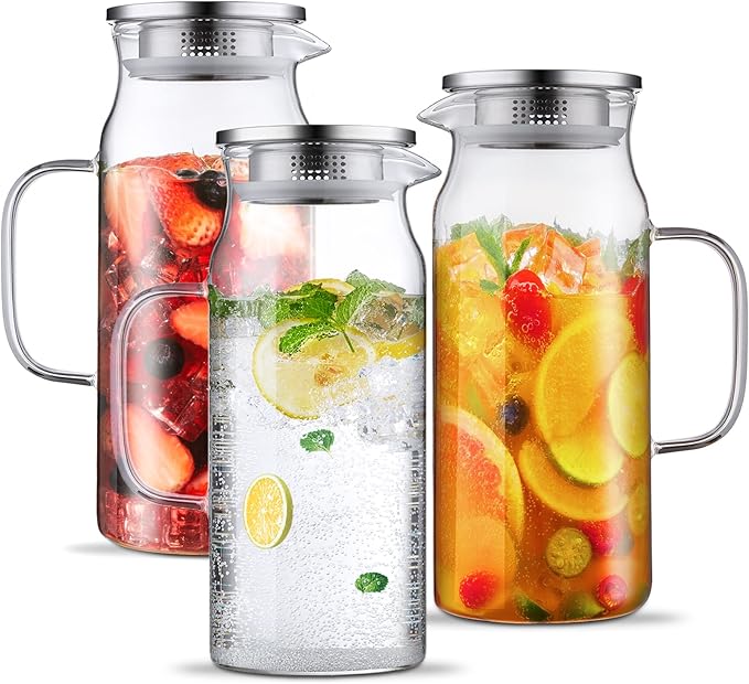 Bivvclaz 3 Pack 2 Liter 68 oz 2.1 Qt Glass Pitcher with Lid and Handle, Water Pitcher for Fridge, Glass Carafe for Hot/Cold Water, Large Iced Tea Jug for Coffee, Juice and Homemade Beverage by Bivvclaz