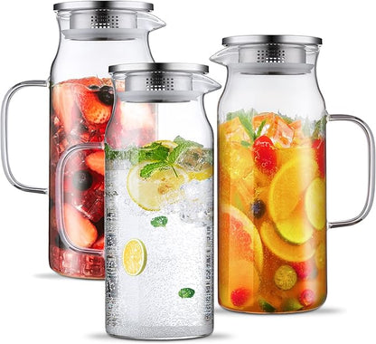Bivvclaz 3 Pack 2 Liter 68 oz 2.1 Qt Glass Pitcher with Lid and Handle, Water Pitcher for Fridge, Glass Carafe for Hot/Cold Water, Large Iced Tea Jug for Coffee, Juice and Homemade Beverage by Bivvclaz