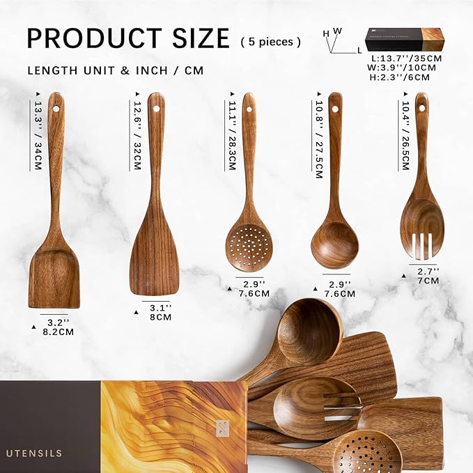 Wooden Spoons for Cooking, Nonstick Cooking Utensil Set with 5 Piece Acacia Wooden Spatulas and Spoons for Cooking, Terrific for Everyday Kitchen Tasks - Image 2