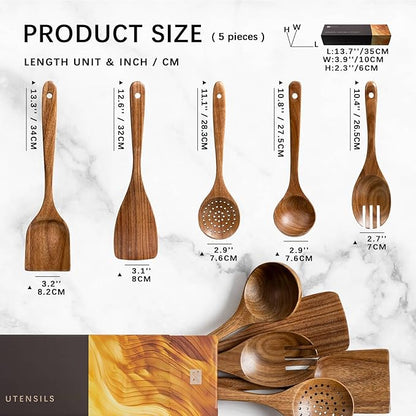 Wooden Spoons for Cooking, Nonstick Cooking Utensil Set with 5 Piece Acacia Wooden Spatulas and Spoons for Cooking, Terrific for Everyday Kitchen Tasks - Image 2