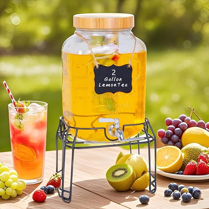 2 Gallon Glass Drink Dispenser with Stand,Stainless Steel Leakproof Spigot &Bamboo Lid& Labels& Fruit Infuse, Large Beverage Dispenser for Parties, Lemonade, Sun Tea, Picnic & Outdoor Use ﻿